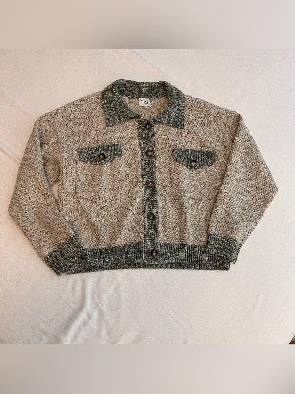 BKE Cozy Winter Cream Knit Cardigan Sweater with Green Trim